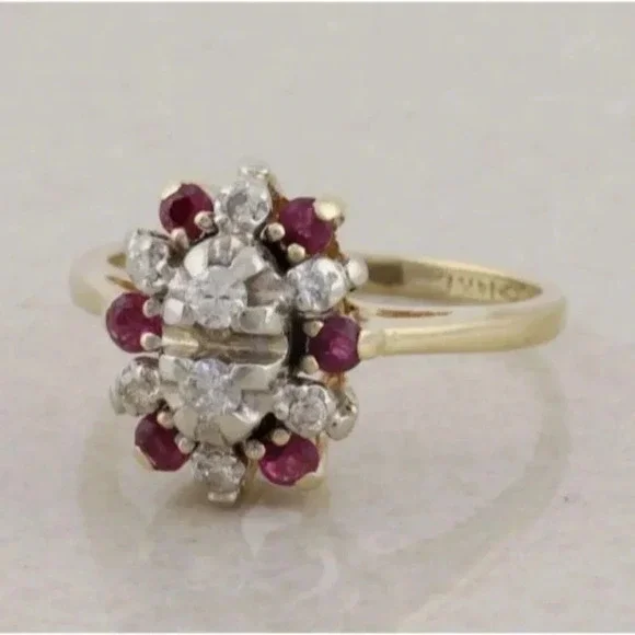 14k Yellow Gold & White Gold Natural Diamond and Ruby Ring Size 5 - Picture 7 of 9